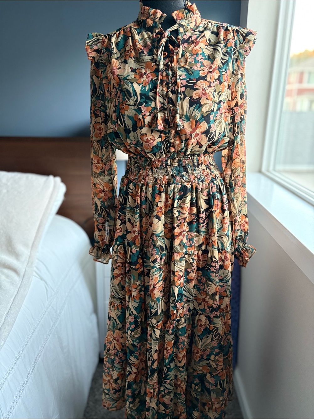 Dress Forum Floral Ruffled Long-Sleeve Midi Dress Smocked Waist
